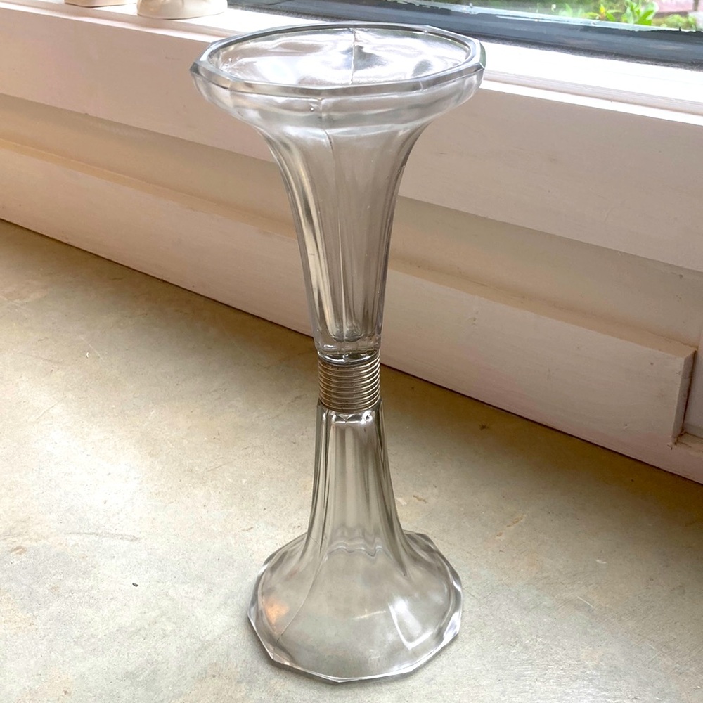 1930s Art deco drugstore shelf riser. Could also be Clear Glass Vase
